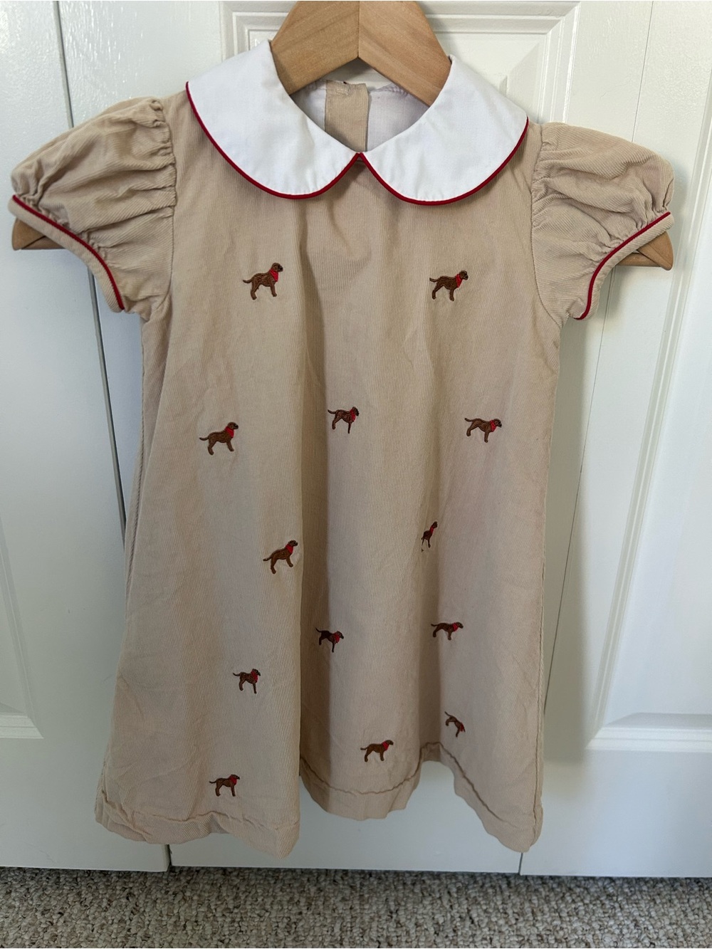 Anavini girls beige corduroy puff sleeve collared dog embroidered dress size 5